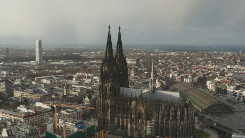 Fly around beautiful and valuable historic heritage. Amazing structure of gothic Cathedral Church of Saint Peter. Cologne, Germany