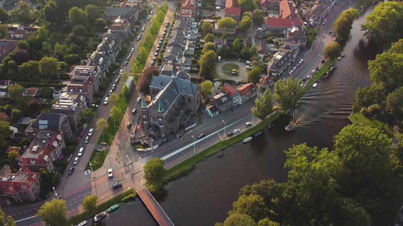 St. Joseph's Church (Sint-Josephkerk) and the Singelgracht canal in Alkmaar, North Holland Province, the Netherlands.