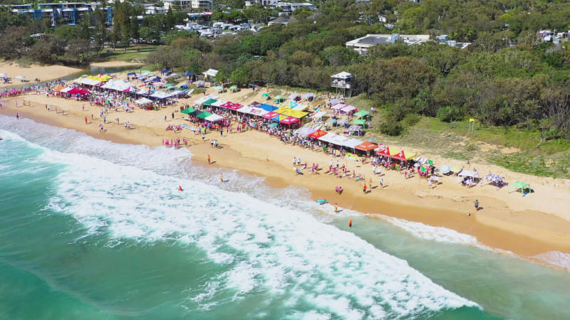 Aerial view of a Surf Lifesaving Carnival, Sunshine Coast, Queensland, Australia.