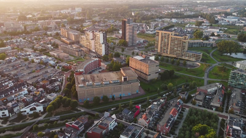 Multi-story buildings, roads and tunnels in Leiden, South Holland, Netherlands.