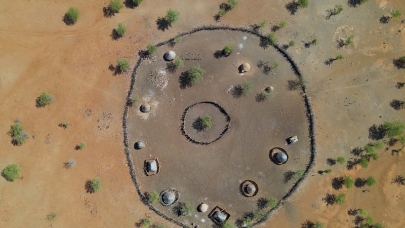 Aerial view of rural Namibian village in the desert, Namibia.