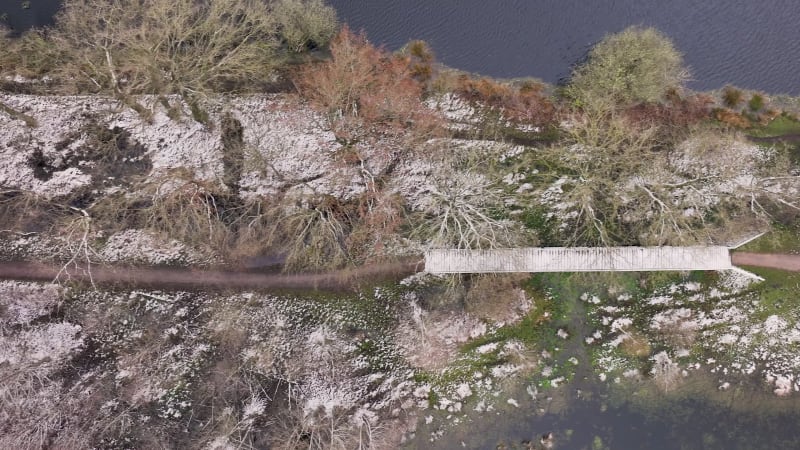 Aerial view of nature area Witte Veen with snow, Twente, Overijssel, Netherlands.