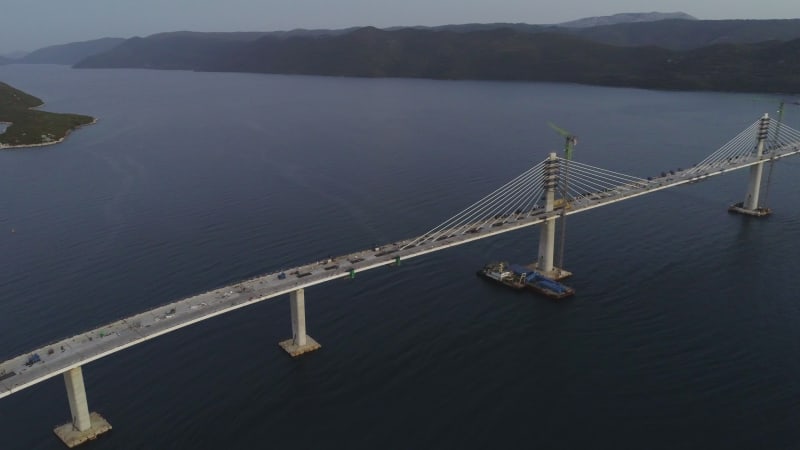 Aerial view of Peljeski bridge crossing the Bay of Mali Ston in Croatia.