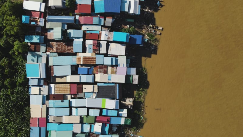 Aerial view of home barracks along Mekong river, Cambodia.