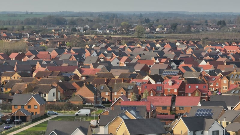 Modern Houses and Homes on a UK New Build Estate Seen From The Air