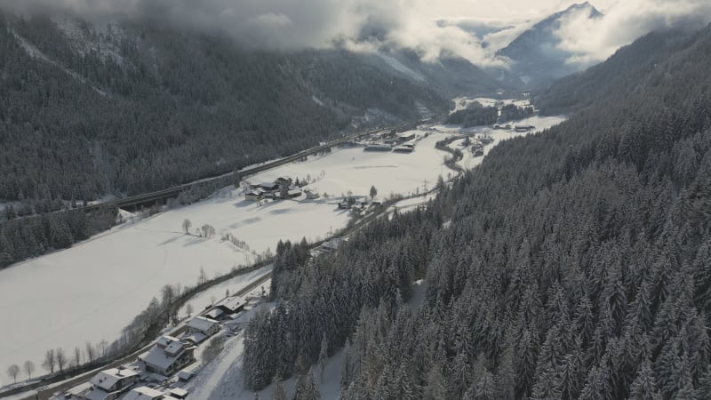 Winter Aerial View of Flachau, Austria Surrounded by Mountains