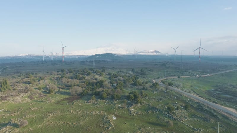 Aerial view of wind turbine farm in a grassland, Golan Heights, Israel.