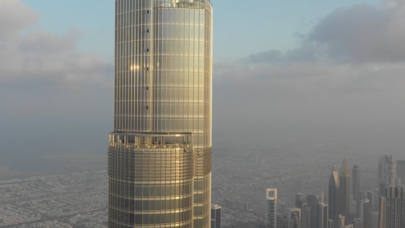 Aerial view of sun reflection on Burk Khalifa skyscraper.