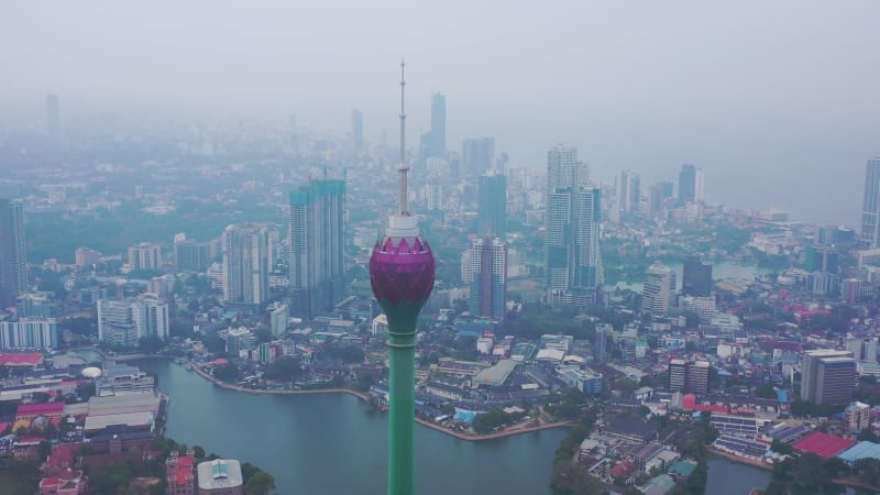 Aerial view of Lotus Tower in Colombo downtown, Sri Lanka.