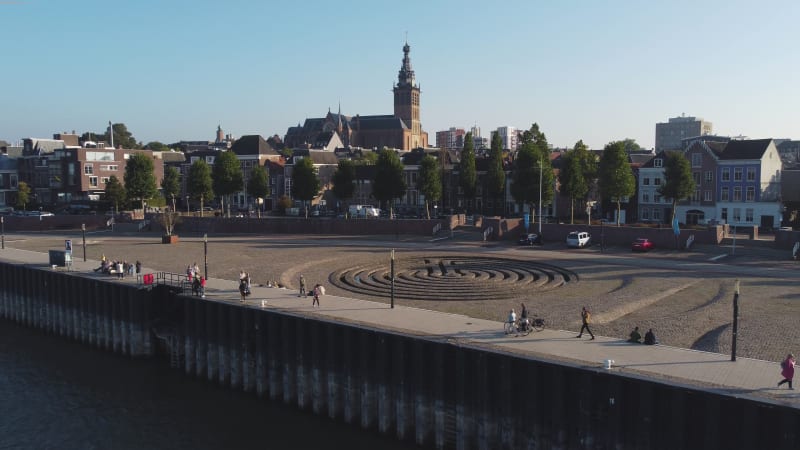 Boardwalk of the Maas River and the Water Labyrinth in Nijmegen, Gelderland Province, Netherlands.