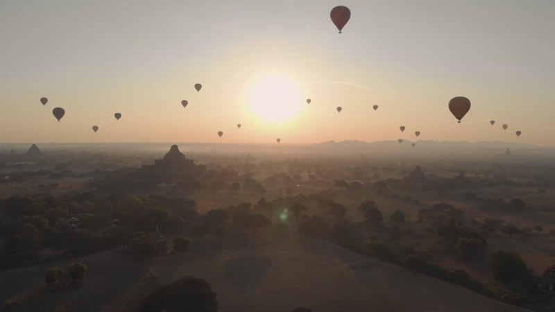 Aerial view of hot balloons in the Old Bagan temple site.