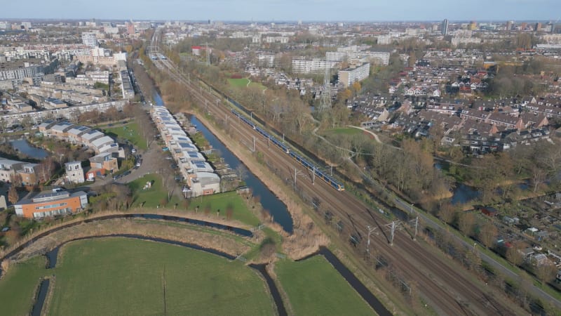 Sprinter train on the railways near Leiden