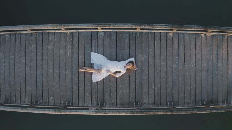 Arial view of a woman on the bridge at Henschotermeer lake.