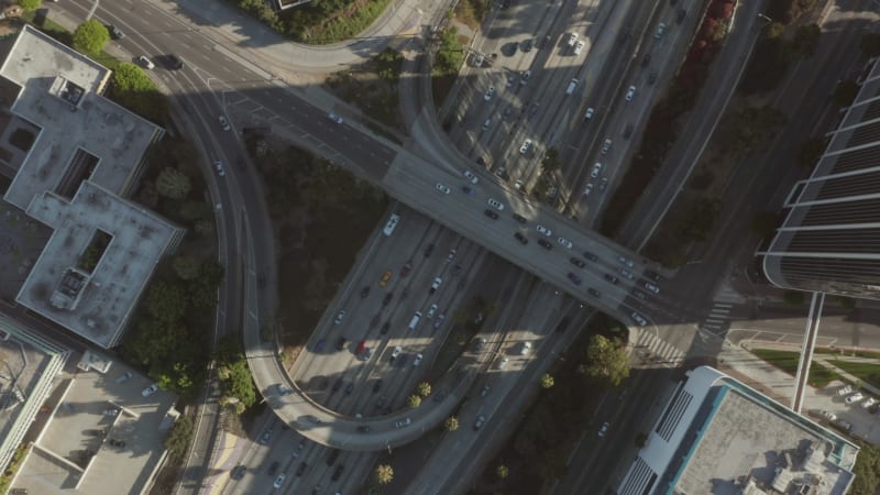 Aerial Birds Eye Overhead Top Down View of Intersection traffic with palm trees and next to of Downtown Los Angeles, California looking down