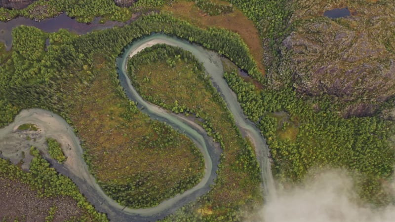 Curved waterway between forest plain in Norway.