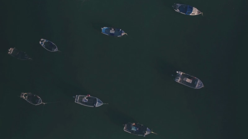 Fishing boats at Fort Grey, Guernsey, Channel Islands, UK. Aerial drone view