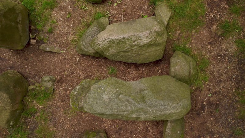 Rotating ascending close up of Hunebedden dolmens stones in Emmen, Netherlands.