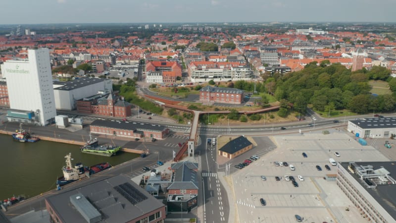 Aerial view of the amazing panorama of Esbjerg, Denmark, with characteristic brick wall buildings. Esbjerg is a seaport in the west coast of the Jutland peninsula