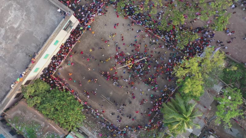 Aerial view of people celebrating Rash Mela, Sylhet province, Bangladesh.