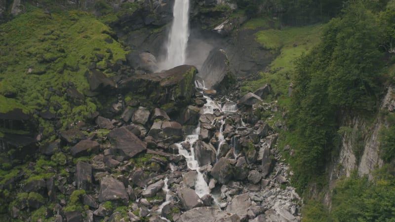 Aerial view of an amazing waterfall in Cevio, Ticino, Switzerland.