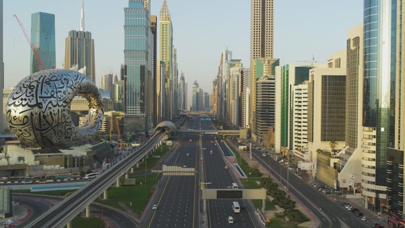 Aerial view of Dubai downtown with Emirates towers, United Arab Emirates.