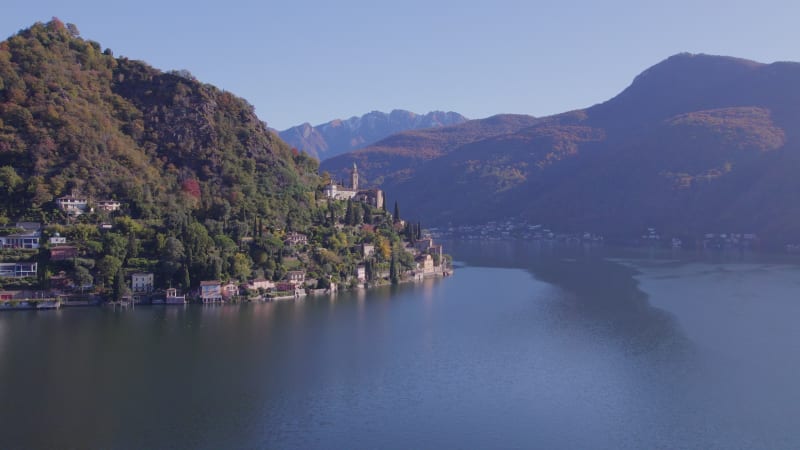 Flying Towards Morcote Municipality of Switzerland on the Shores of Lake Lugano