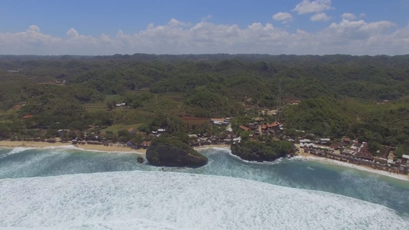 Aerial view of coastal village in the java sea.