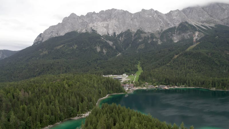 Aerial view of lake Eibsee next to the alps mountain range, Grainau, Germany.