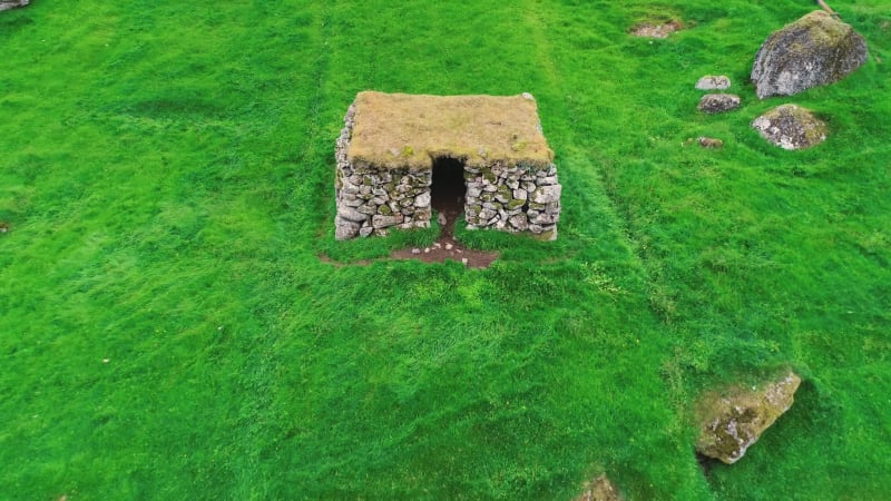 Aerial view of ancient ruins on archaeological site.