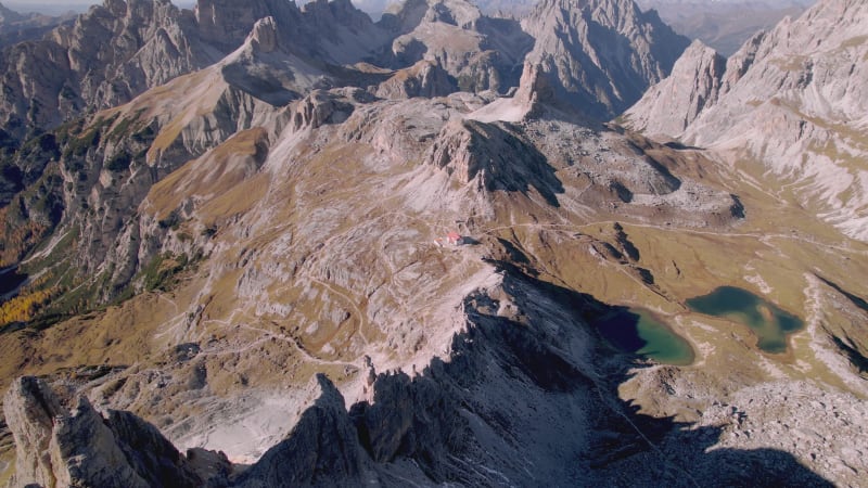 Aerial View of Famous three Peaks of Lavaredo, Dolomites, Italy.