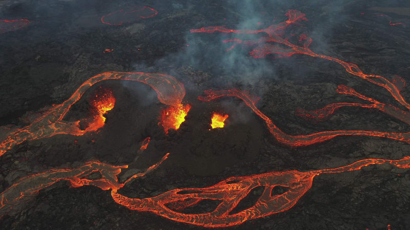 Aerial view of Fagradallsfjall volcano during an eruption, Iceland.