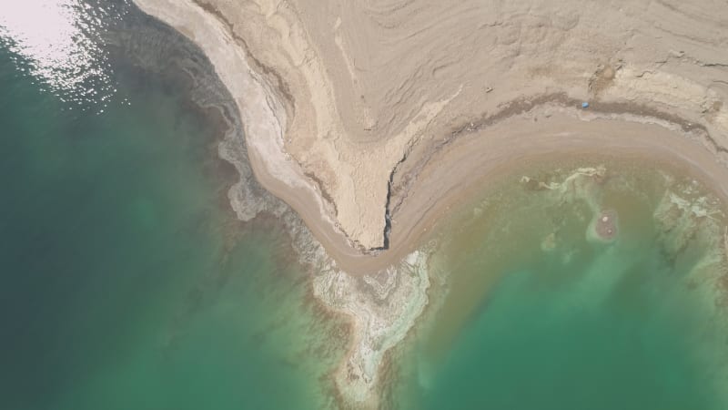 Aerial view of Dead Sea shoreline in Negev, Israel.