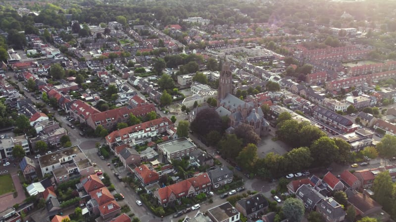 Elevated view of Zeist city center, cathedral, residential housing and streets in the Netherlands.