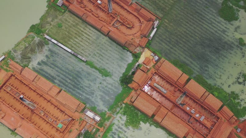 Aerial View of brick factories in Dhaka, Bangladesh.