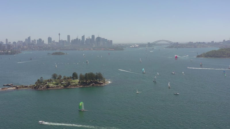 Yachts and Boats in Sydney Harbour in the Summer Flying over Shark Island