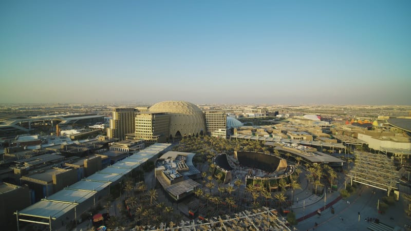 Aerial view of Water Fountain at Jubilee Park, Dubai, UAE.