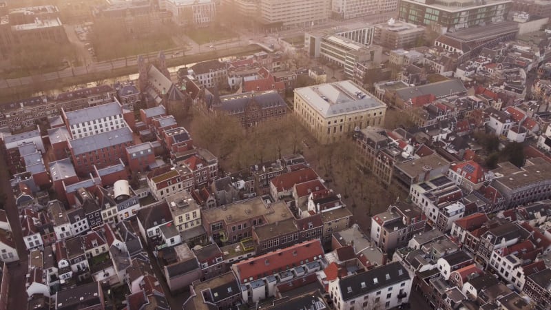 Wide view over Mariaplaats, view of buildings, streets and canal in Utrecht. Netherlands.