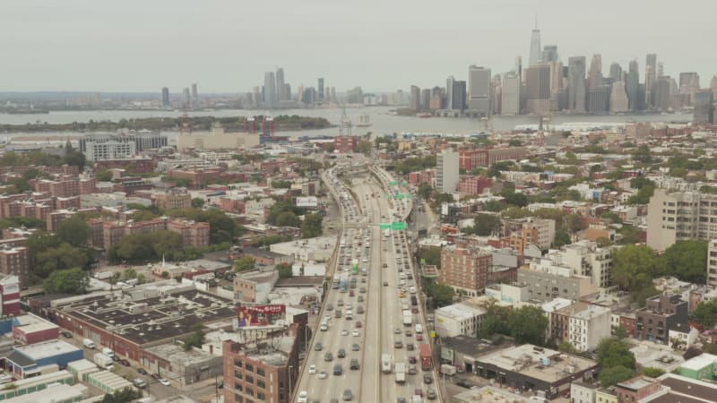 Over New York City Highway with busy car traffic on Grey day