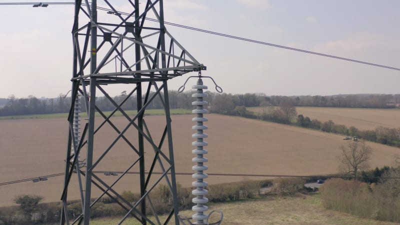 High Voltage Electrical Pylon Close Up Aerial View