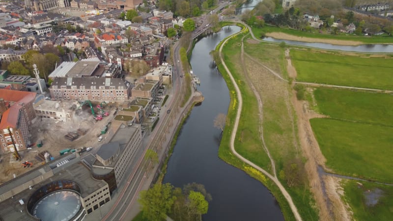 Aerial flyby footage over Singelgracht in sHertogenbosch, Netherlands