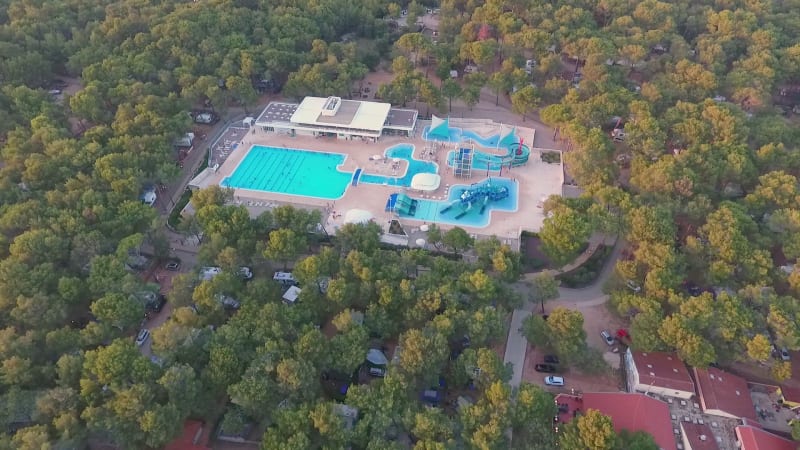 Aerial view above of aquapark full of people, Mali Losinj.