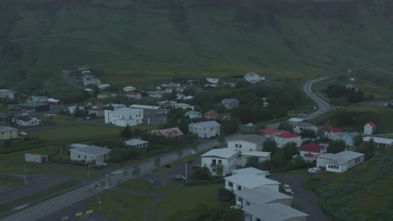 Birds eye picturesque village of Vik in Iceland. Aerial view small town in icelandic countryside. Vik is the most southern village in Iceland