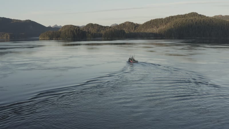 Aerial view of a commercial fishing boat in the Inside Passage