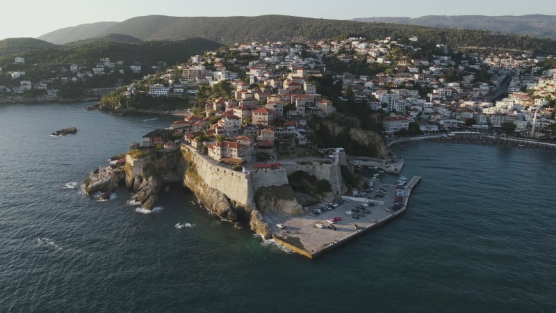 Aerial view of Ulcinj township at sunset, Montenegro.