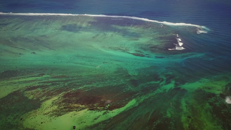 Aerial view of coral reefs off Lemorne Brabant in Mauritius.