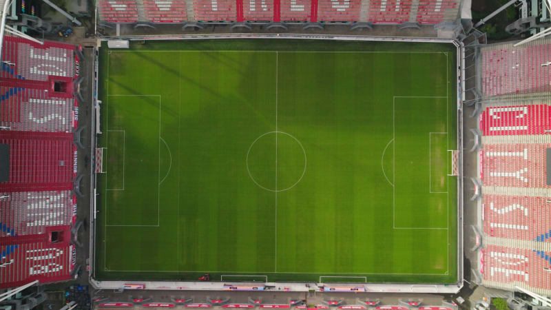 Top down Aerial shot of the soccer field of FC Utrecht in the Galgenwaard stadium