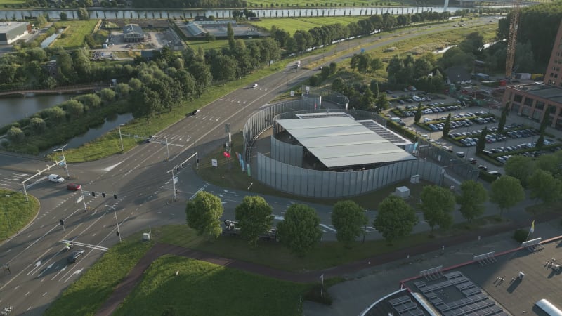 Aerial Perspective of Urban Traffic and gas station in Houten, the Netherlands