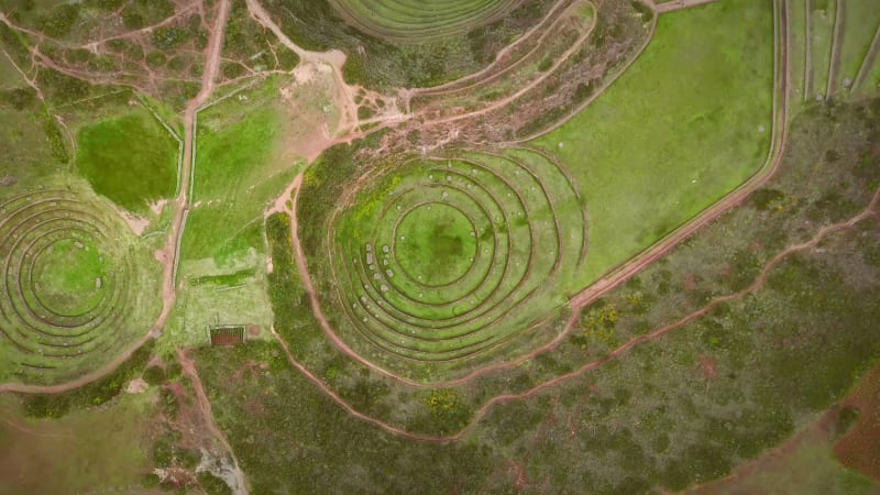 Aerial close up view of terraced circular depressions of Moray.