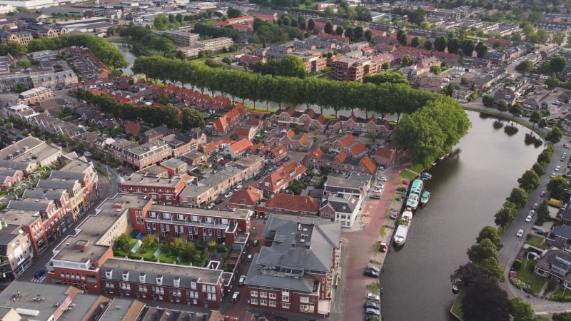 Aerial View of Singel Gracht Waterway Around Dutch Village of Woerden