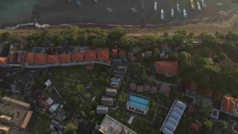 Aerial view of residential neighborhood near the coast, Bali island.